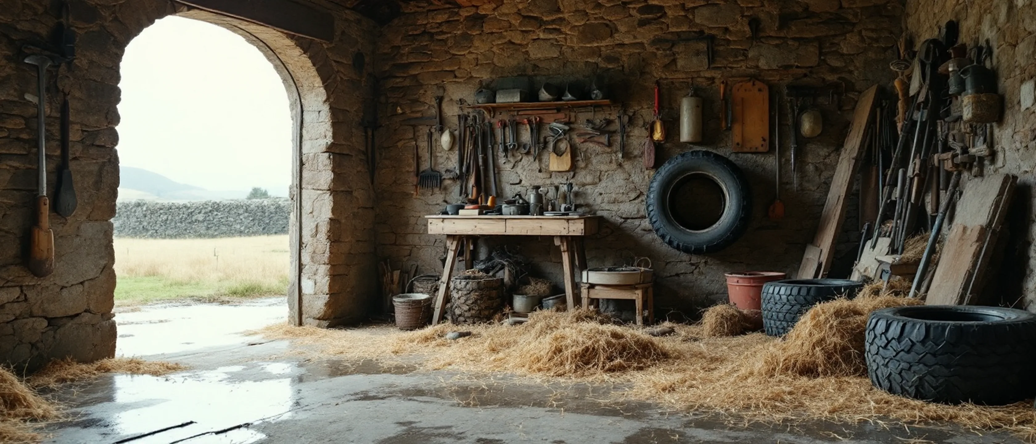 Das Innere eines steinernen Wirtschaftsgebäudes: Stroh auf dem Boden, Handwerkzeug an der Wand, ein Reifenstapel, offenes Tor zum Hof.
