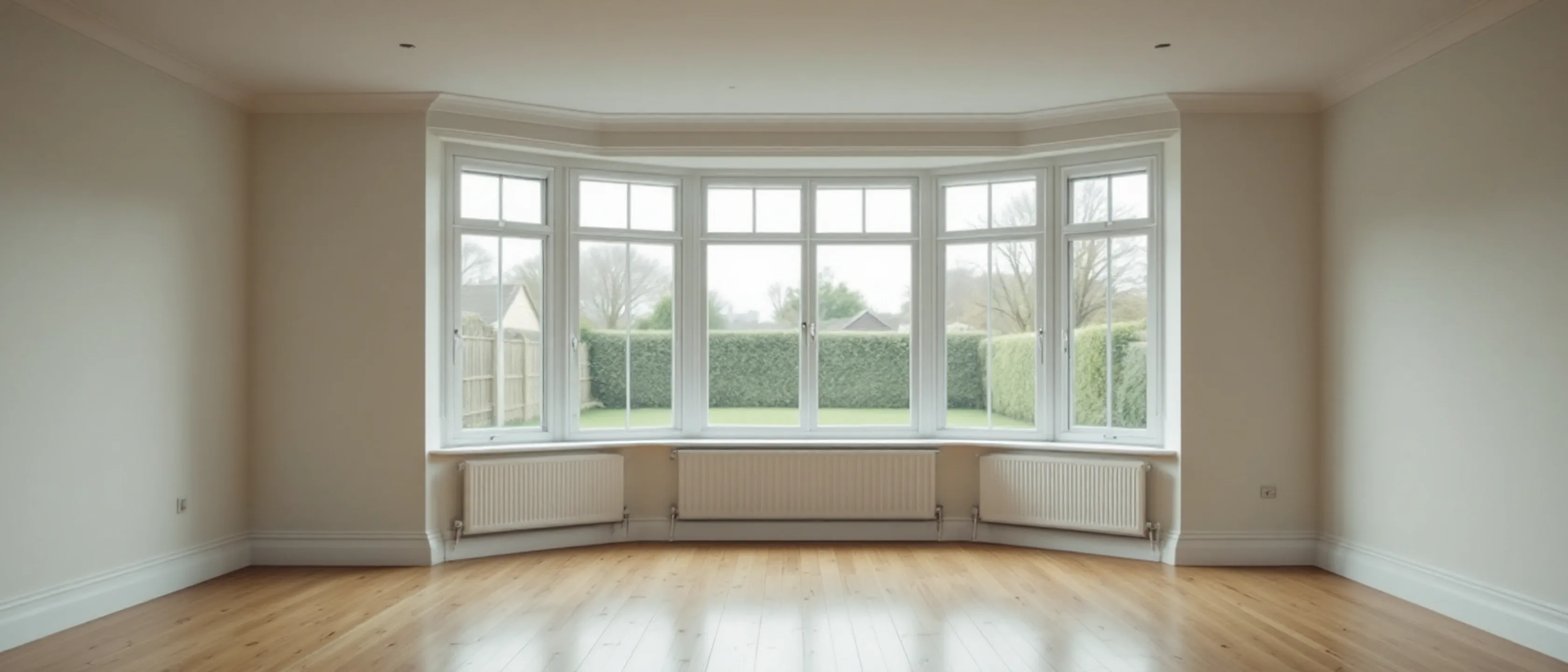 Ein leeres Wohnzimmer mit blanken Dielen und breitem Erkerfenster, helle Wände, draußen eine Gartenhecke.