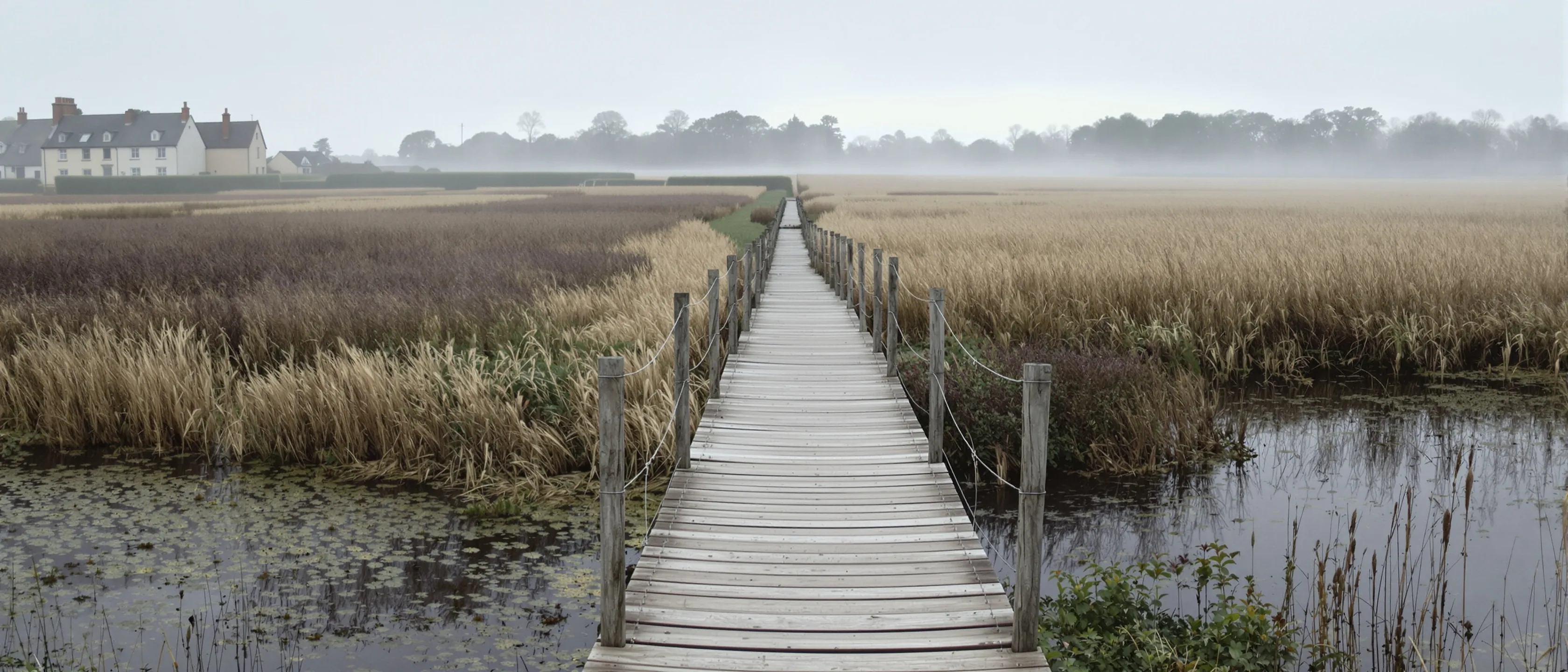 Ein schmaler Bohlensteg führt durch ein weites Schilffeld auf ferne Häuser im Nebel zu, stilles Wasser darunter.