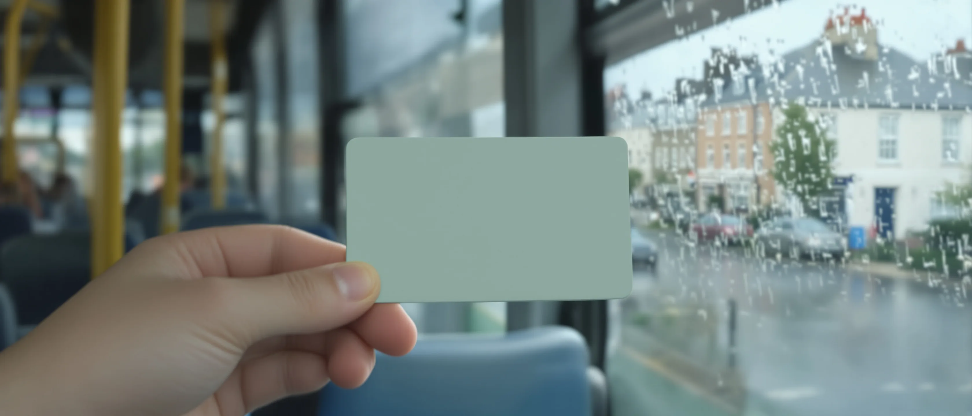 Hand mit einer schlichten grünen Fahrkarte im Businneren, dahinter unscharf ein regennasses Fenster und eine Häuserzeile.